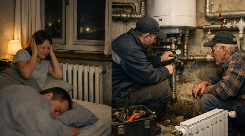 Technicien réparant chaudière et tuyauterie près d'un lit