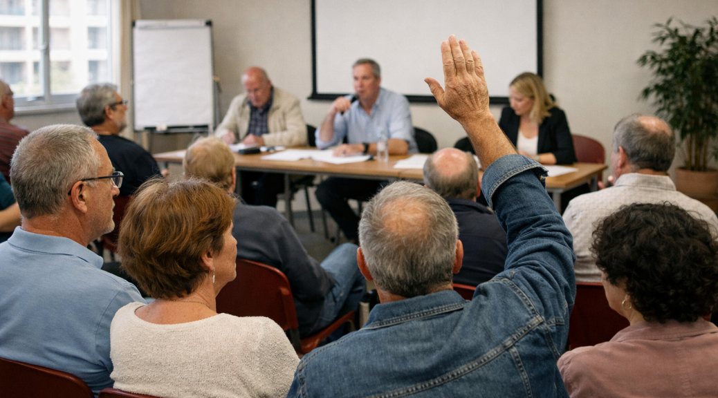 Participant levant la main lors d'une réunion publique