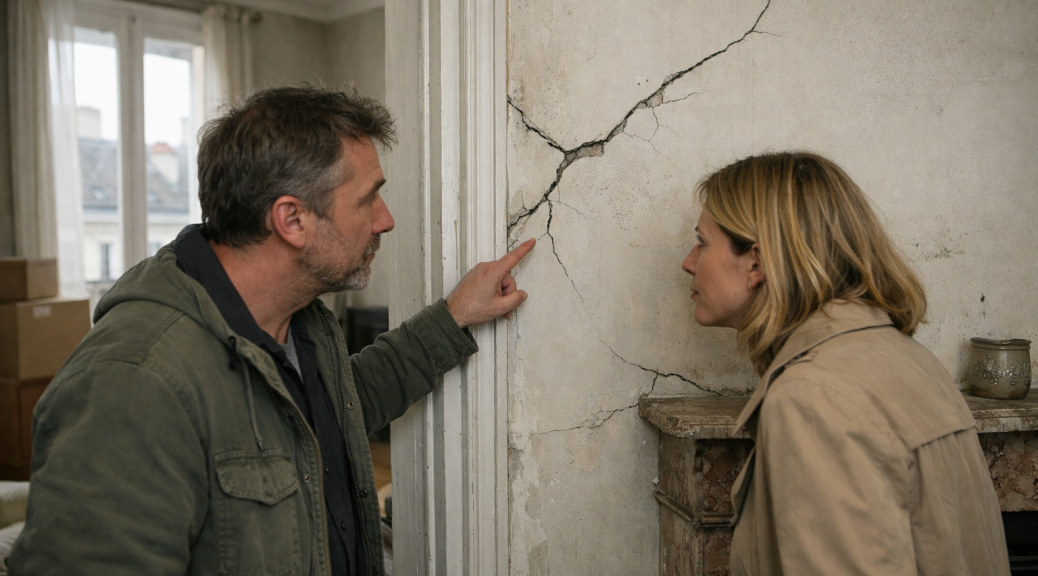 Homme et femme examinent une fissure murale