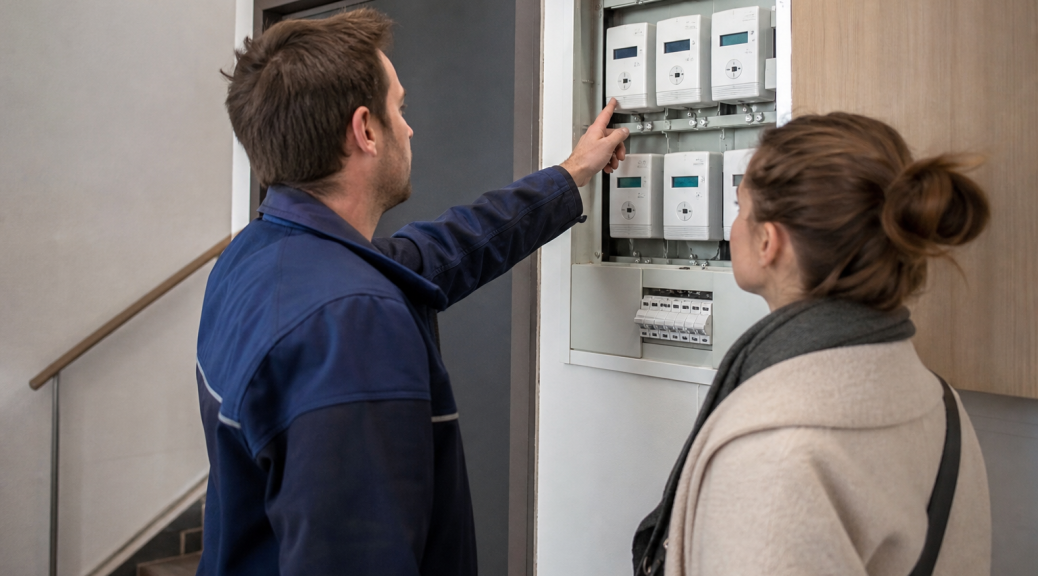 Technicien montrant un tableau électrique à une cliente