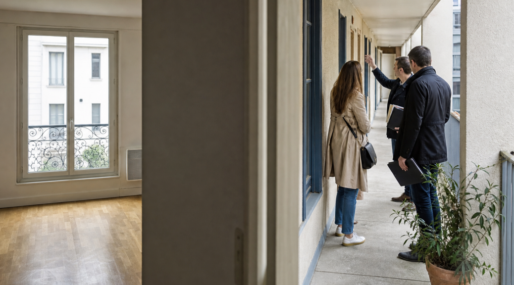 Agent immobilier présentant un appartement à un couple