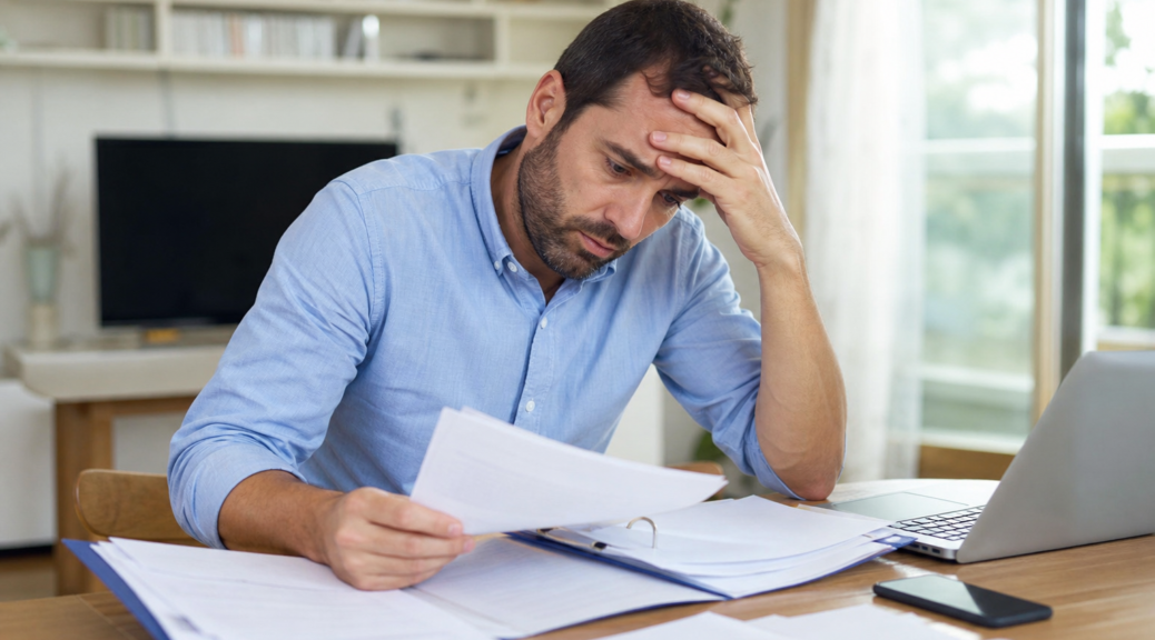 Homme stressé examinant des factures à la maison
